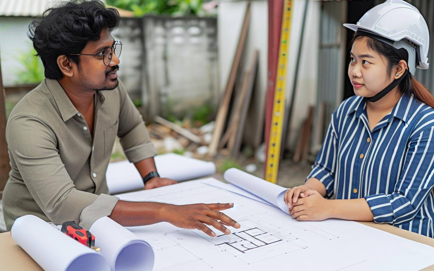Person discussing plans for a greenhouse with a construction professional 