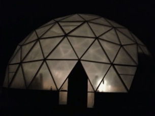 Greenhouse Geodesic at night. SolaWrap Greenhouse Plastic. It lasts 10 + years.