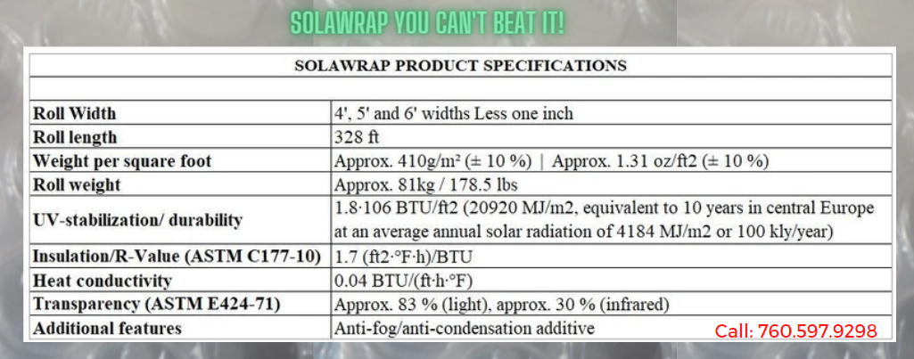 SolaWrap Greenhouse Plastic  Call 760 597 9298